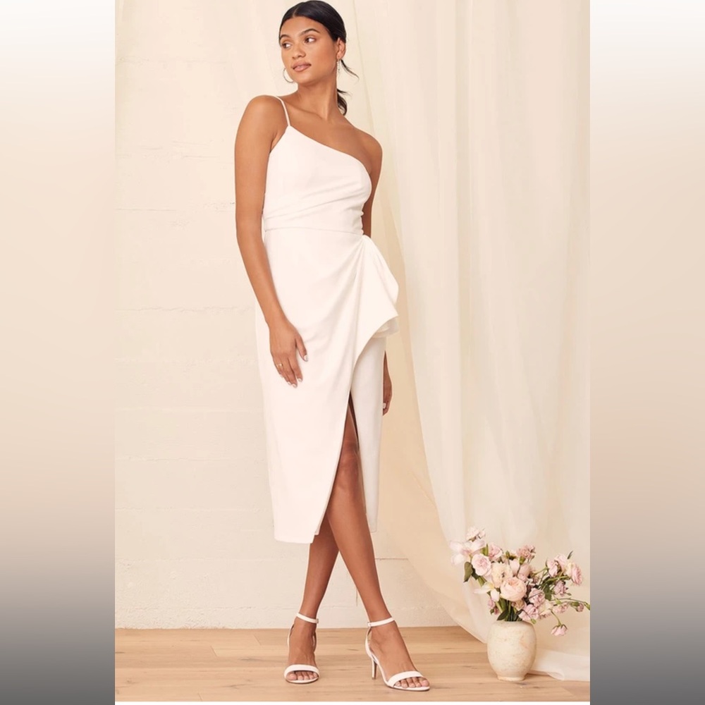LuLus Love You Best White One-Shoulder Ruffled Tulip Midi Dress